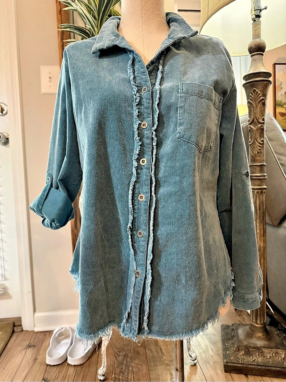 Umgee stretch turquoise Corduroy Button Down Shirt with Frayed Hem   Large